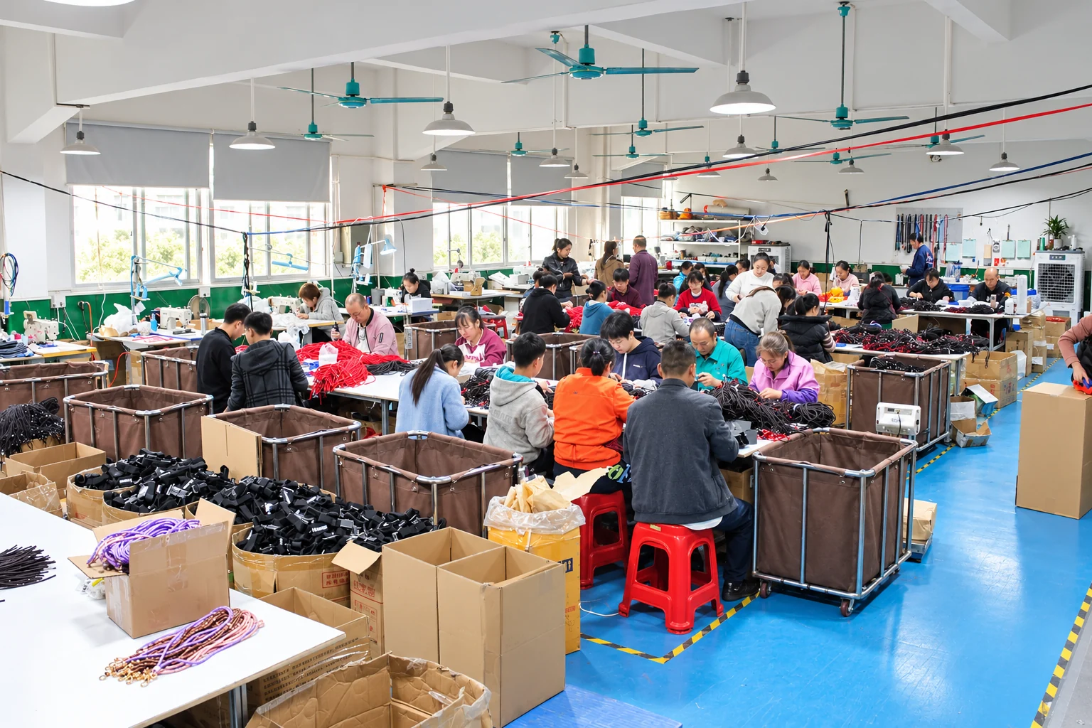 AI-assisted visual: Pet product assembly at workshop tables