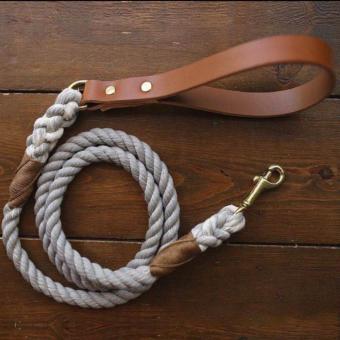 genuine leather handle braided round rope dog leash