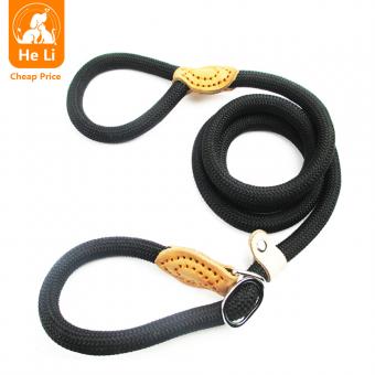 black braided round rope dog leash with dual padded handles